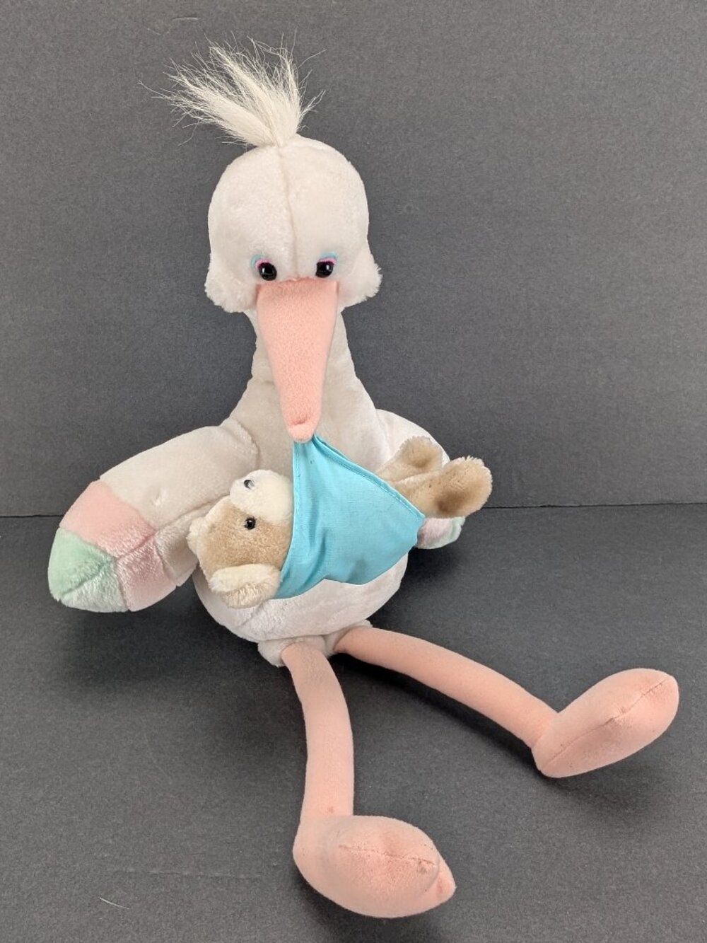 Vintage Applause Musical Stork with Baby Plush Wind Up 18" Brahms Lullaby 1986